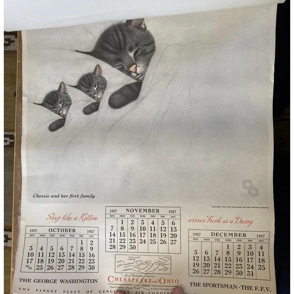 Vintage advertising wall calendar Cheasapeake & Ohio Railroad 1937 sleeping cars
